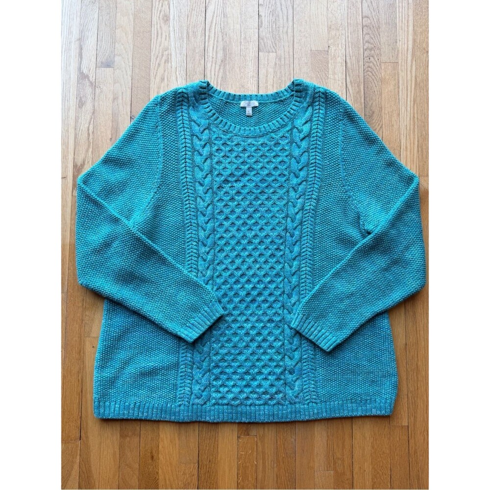 Talbots Cotton Cable-Knit Crewneck Sweater Teal Cozy Warm